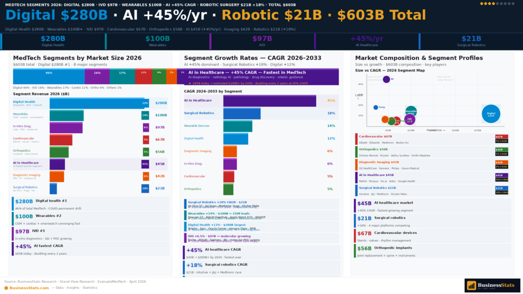 medtech market segments 2026 cardiovascular devices orthopedics diagnostics digital health AI robotics wearables statistics