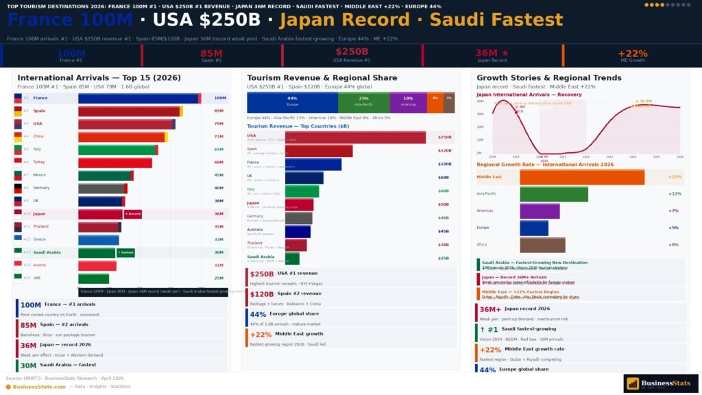 top tourist destinations 2026 most visited countries France Spain USA Japan tourism arrivals revenue statistics ranking