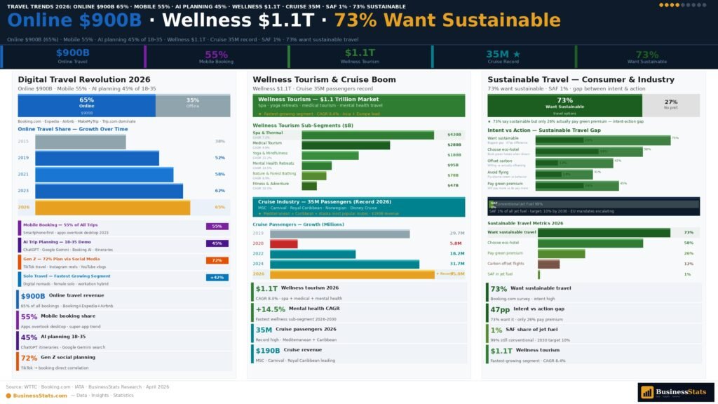 travel tourism digital trends 2026 AI planning sustainable tourism wellness booking airbnb online travel statistics growth